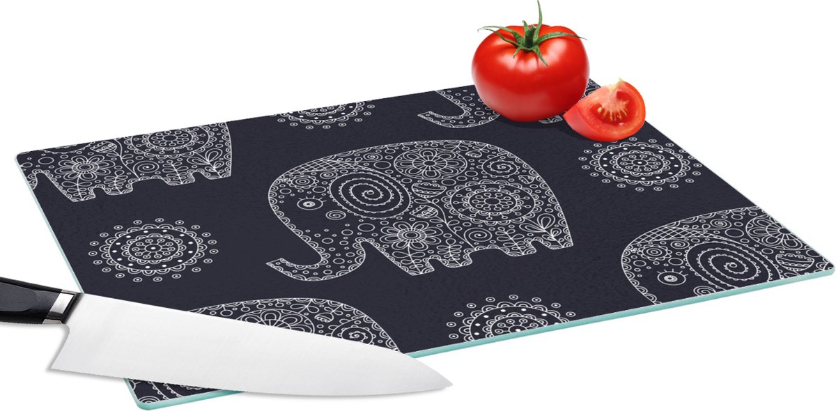 Glazen Snijplank - 39x28 - Patroon - Olifant - Bloemen - Snijplanken Glas