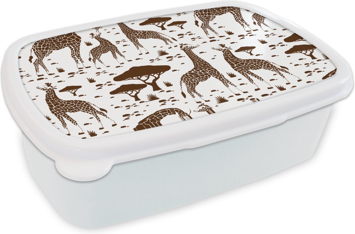 Broodtrommel Wit - Lunchbox - Brooddoos - Giraf - Patronen - Boom - 18x12x6 cm - Volwassenen