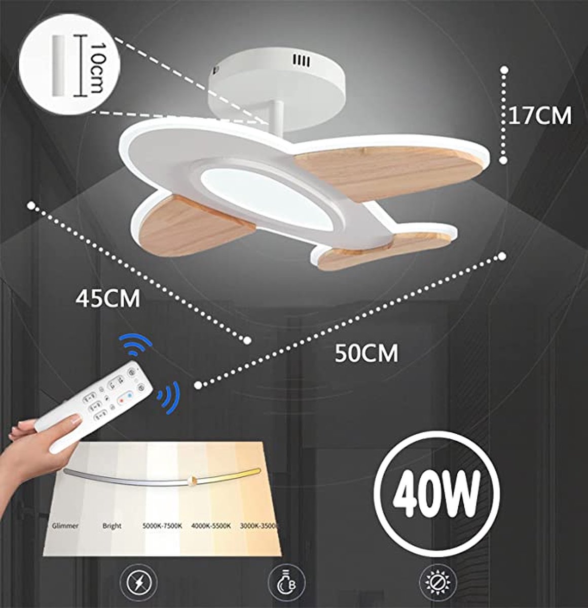 AoLa Plafondlamp kinderkamer LED vliegtuig plafondlamp Modern 3 kleurtemperaturen 3000K/4000K/6000K jeugdkamer imitatie houtnerf metalen plafondlampen voor jongens en meisjes baby,52CM