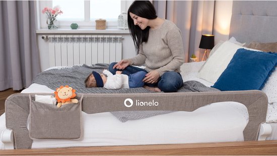 Lionelo Eva Barrière de Lit – Barrière de Sécurité jusqu’à 27 kg – Pliable à 180° – Largeur 150 cm – Cadre en Aluminium Durable – SecureBelt & Verrou StandSafe – Pour Enfants 18 mois à 5 ans