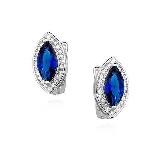 Joy|S - Zilveren elegante marquise oorbellen ovaal saffier blauw zirkonia - gehodineerd - klassiek- leverback sluiting