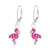 Joy|S - Zilveren flamingo oorbellen - roze vogel - leverback sluiting