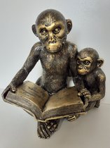 Apen beeld aap met kind een boek voorlezen bronskleurig van Evergreen Home Decoration 20x20x16 cm