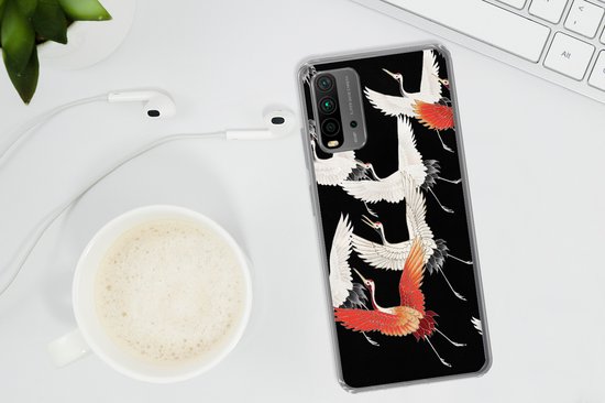 Coque Xiaomi Redmi 9T - Japandi - Grue - Rouge - Wit - Coque de téléphone en Siliconen