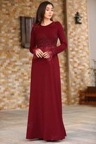 HASVEL-Bordeaux Maxi jurk Dames - Maat XS-Galajurk-Avondjurk-Kanten jurk-HASVEL-Burgundy Maxi Dress Women-Size XS-Prom Dress-Evening Dress-Lace Dress