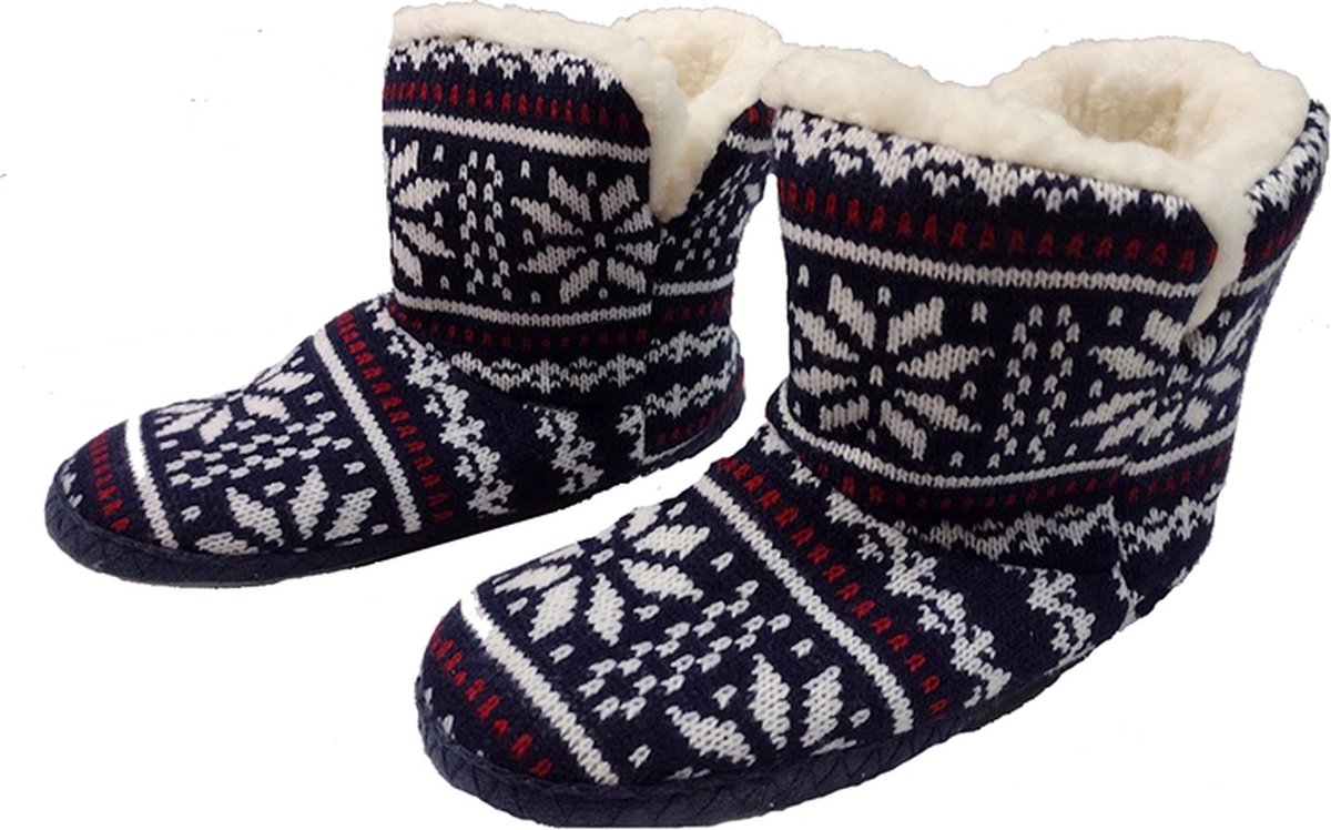 Pantoffels Noors motief - hoge gebreide slofsokken - nepbont voering - huissloffen - blauw wit 38/39