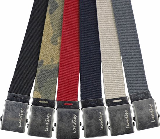 Zes Landley canvas riemen in verschillende kleuren: zwart, camouflage, rood, marineblauw, beige en grijs, met metalen gespen.