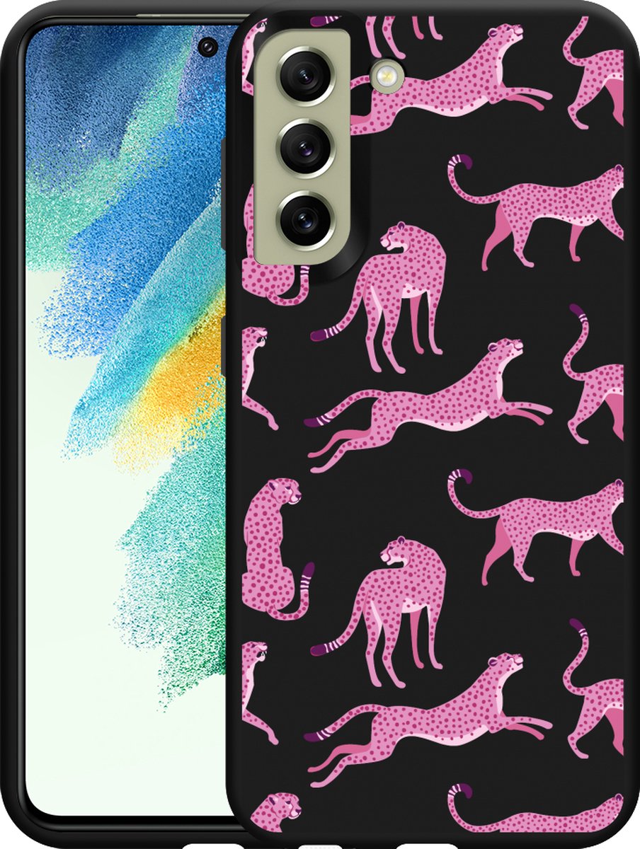 Galaxy S21 FE Hoesje Zwart Roze Cheeta's - Designed by Cazy