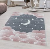 Tapis pour enfants à poil ras Motif de étoilé nuage lune Rose