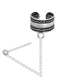 Zilveren oorbellen | Chain oorbellen | Zilveren ear cuff, gladde band met geoxideerde, gedraaide randen en chain