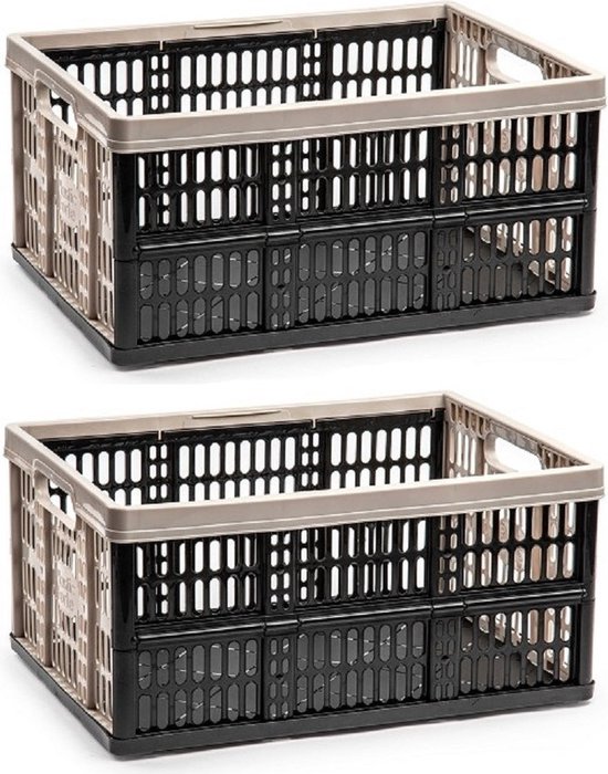 2x stuks opvouwbare kratten/inklapbare boodschappen kisten zwart/taupe 48 x 35 x 24 cm – klapkratten – 32 liter inhoud