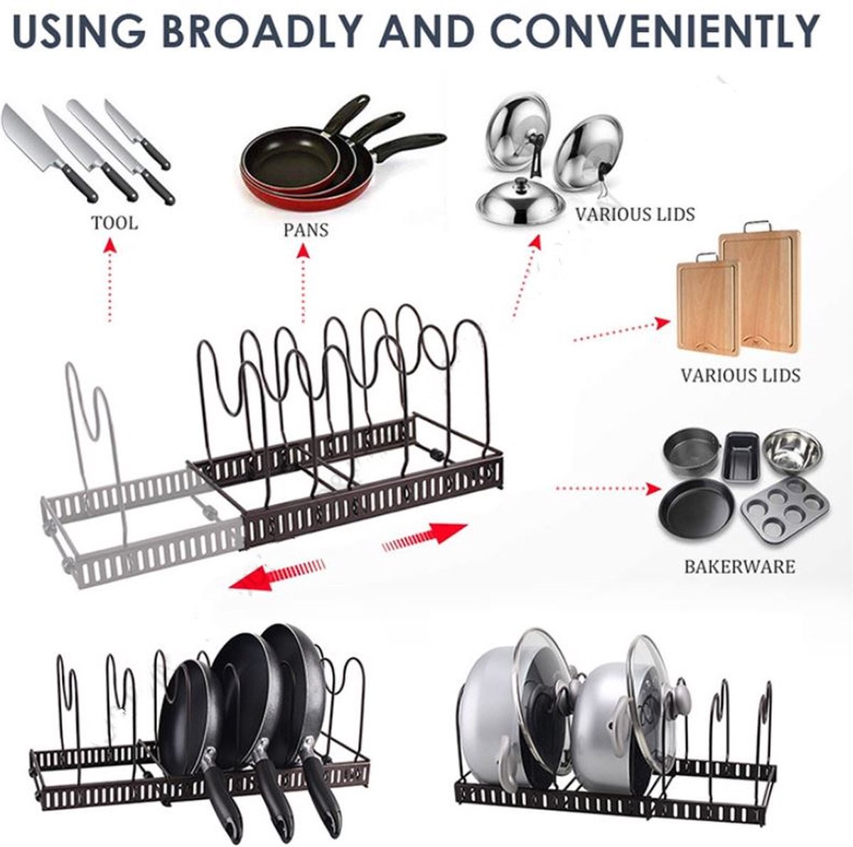 LTLCLZ Pot Rack Organizer, Verstelbare Pan en Pot Deksel Rack Organizer, 8 Tier Bakgerei Kookgerei Houder, met 3 DIY Methoden Kookgerei Pot Deksel Rack voor Keuken Counter Kast Pantry