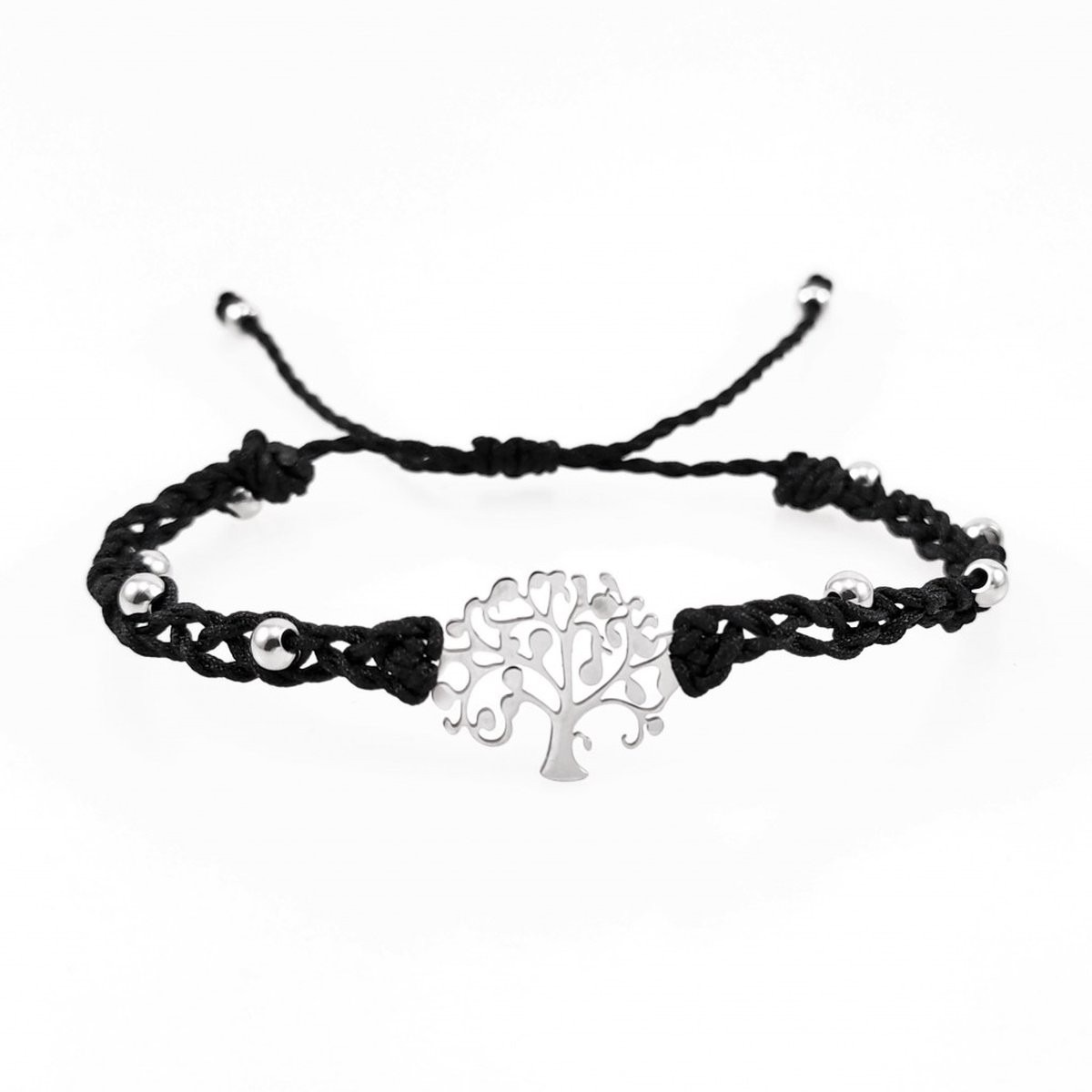 Handgemaakt Zwarte Macramé Armband - RVS Levensboom