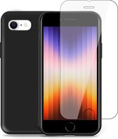 Hoesje geschikt voor iPhone SE 2022 + Screenprotector – Tempered Glass - Liquid Back Case Cover Zwart