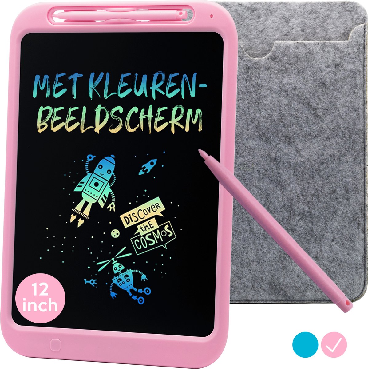 LCD Tekentablet Kinderen "Roze" 12 inch - Met Hoesje & Extra Pen - Kleurenscherm - Ewriter - Notitieblok - Tekenen - Schrijven - Cadeau Meisjes - Verjaardag Cadeau Meisje