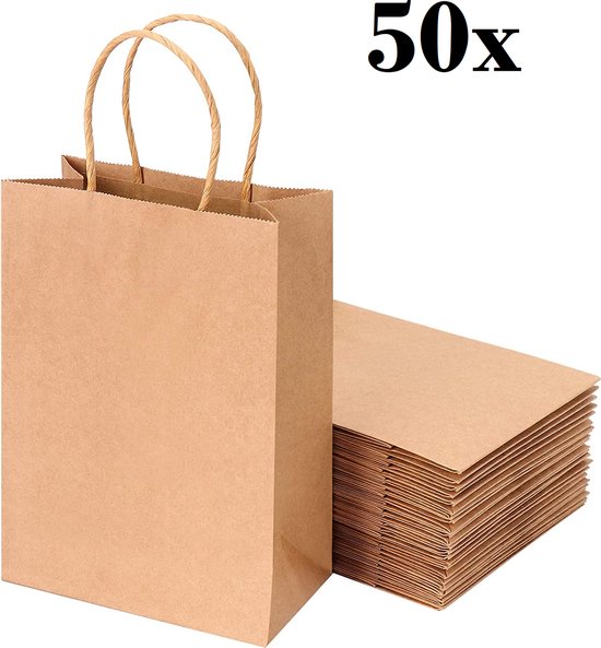 50 papieren draagtassen Van Bruine Kraftpapier Met Gevlochten Oren 18x8x22cm / papieren tassen Kraft Papieren Tasjes Met Handvat/ Cadeautasjes met…