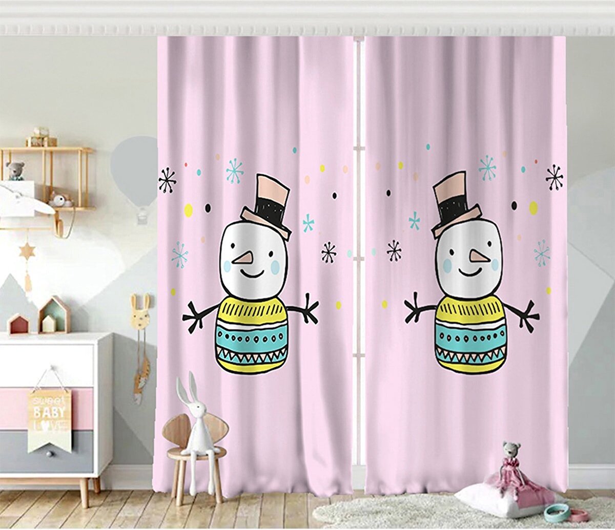 Zethome - Gordijn voor Kinderen- 140x260 cm - Kant en Klaar - Geschikt voor een rail of Roede - Digitaal Printen - Washbar - Sneeuwman- 2 Stuks - Totale Breedte 280cm
