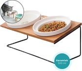 Homefy Luxe Voerbak Hond / Kat met Standaard - Bamboe / Metalen Standaard - 2 x 500 ml - Keramiek Wit