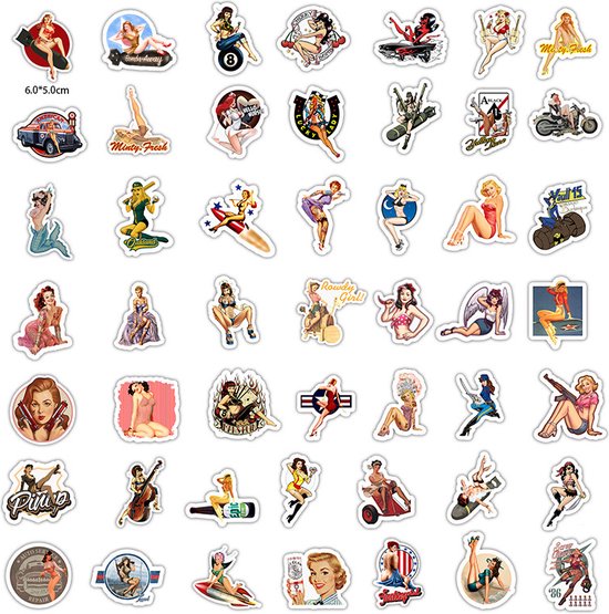 50 Vintage Pin up girls stickers - Sexy & Stoere dames in Amerikaanse retro stijl - Bomb girls 4-6CM - Merkloos