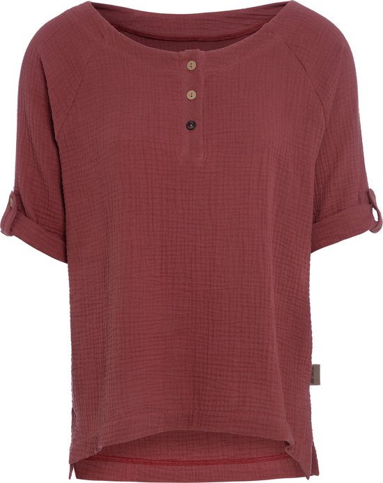 Knit Factory Nena Top - Shirt voor het voorjaar en de zomer - Dames Top - Dames shirt - Zomertop - Zomershirt - Ruime pasvorm - Duurzaam & milieuvriendelijk - Opgerolde mouw - Stone Red - Rood - L - 100% Biologisch katoen
