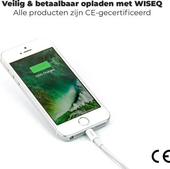 Zilverkleurige smartphone, aangesloten op een witte WiseQ oplaadkabel, toont '100% Charged'. CE-gecertificeerd.