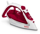 Gedetailleerd rood en wit Tefal Easygliss Plus strijkijzer, met de zool naar voren gericht, op een witte achtergrond.