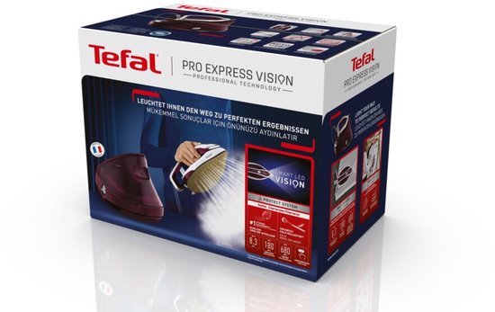Tefal Pro Express Vision stoomgenerator doos met afbeelding van strijkijzer en persoon die strijkt.