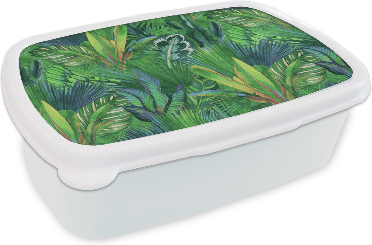 Broodtrommel Wit - Lunchbox - Brooddoos - Bladeren - Tropisch - Patronen - 18x12x6 cm - Volwassenen