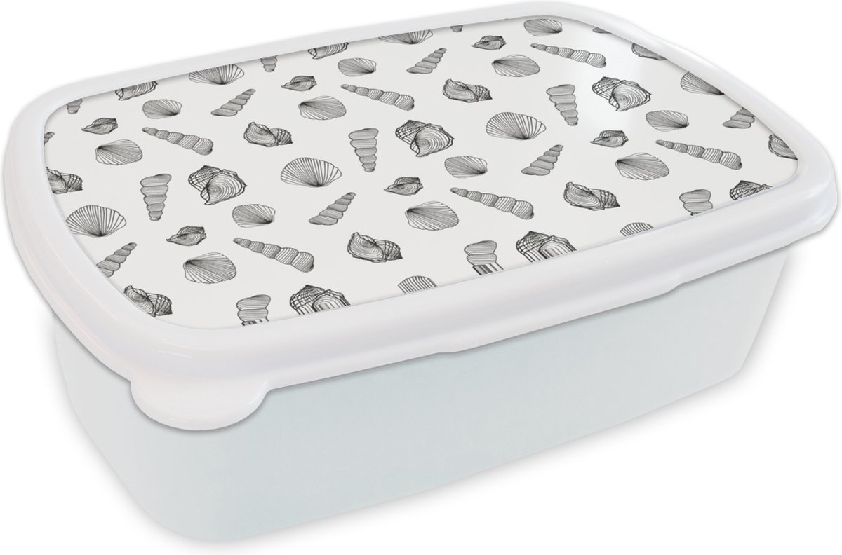 Broodtrommel Wit - Lunchbox - Brooddoos - Schelp - Zwart Wit - Design - 18x12x6 cm - Volwassenen