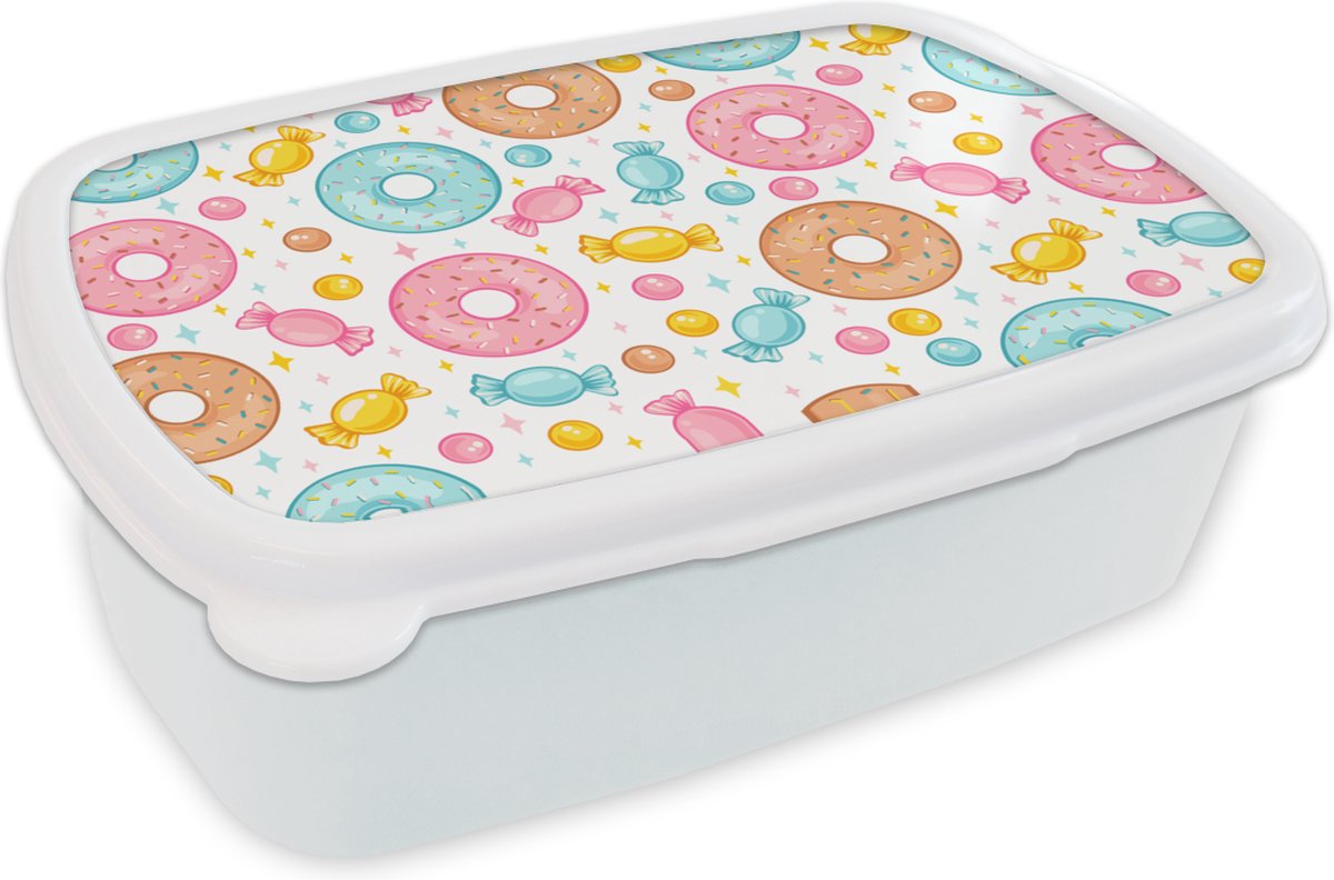 Broodtrommel Wit - Lunchbox - Brooddoos - Snoep - Donuts - Patronen - 18x12x6 cm - Volwassenen