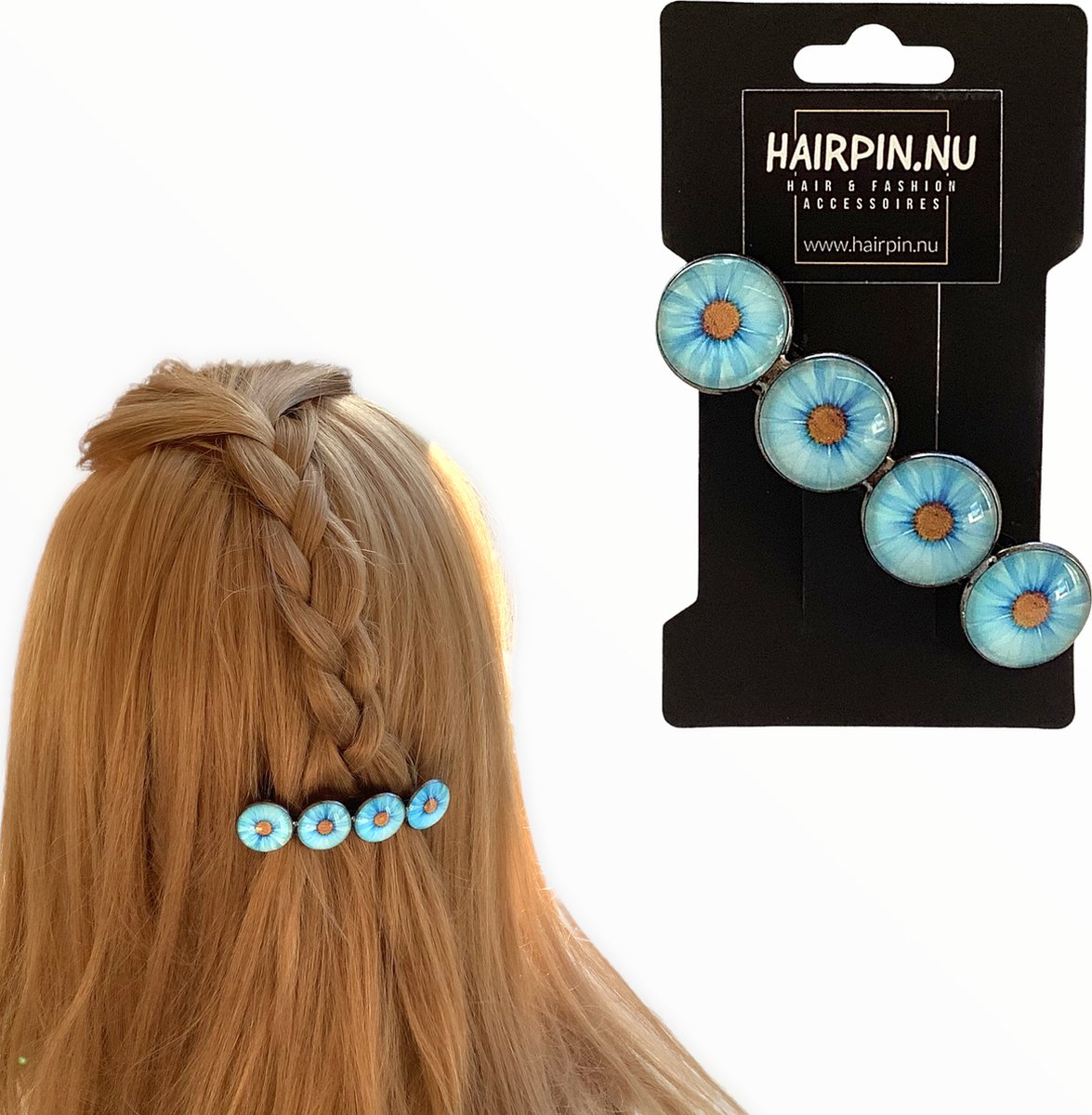 Hairpin-Haarspeld-Haaraccessoire-Hairclip-blauw-Cabochon-flowers-Haarklem-Haarmode