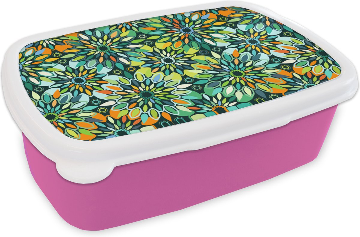 Broodtrommel Roze - Lunchbox - Brooddoos - Patroon - Mandala - Groen - 18x12x6 cm - Kinderen - Meisje
