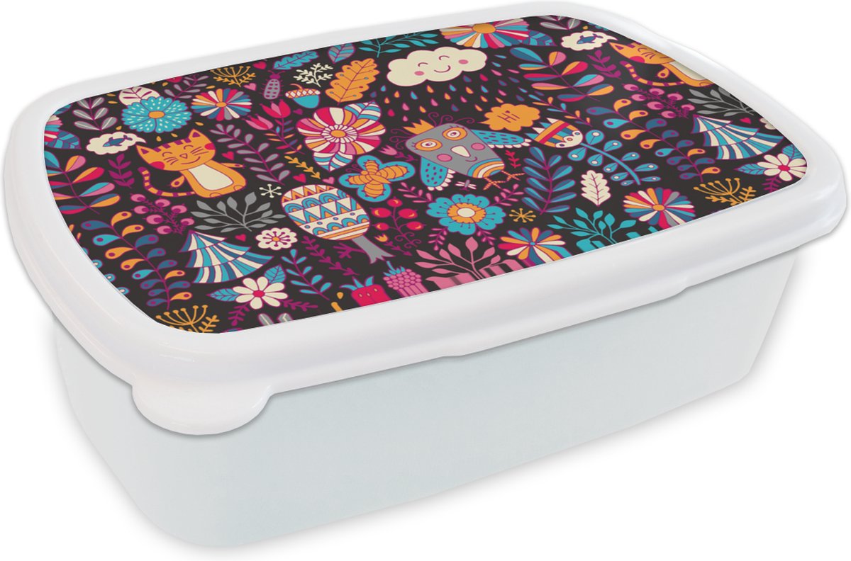 Broodtrommel Wit - Lunchbox - Brooddoos - Patroon - Uil - Kat - Bloemen - 18x12x6 cm - Volwassenen