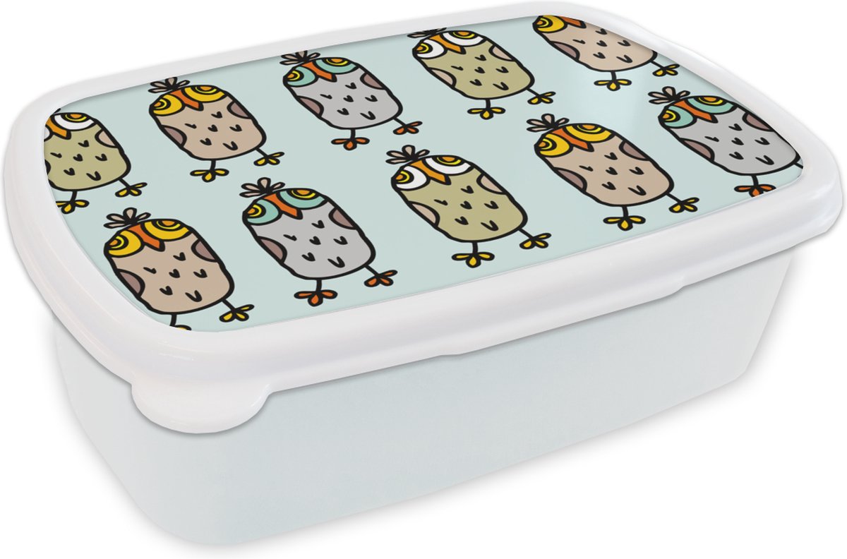Broodtrommel Wit - Lunchbox - Brooddoos - Patronen - Uil - Blauw - 18x12x6 cm - Volwassenen