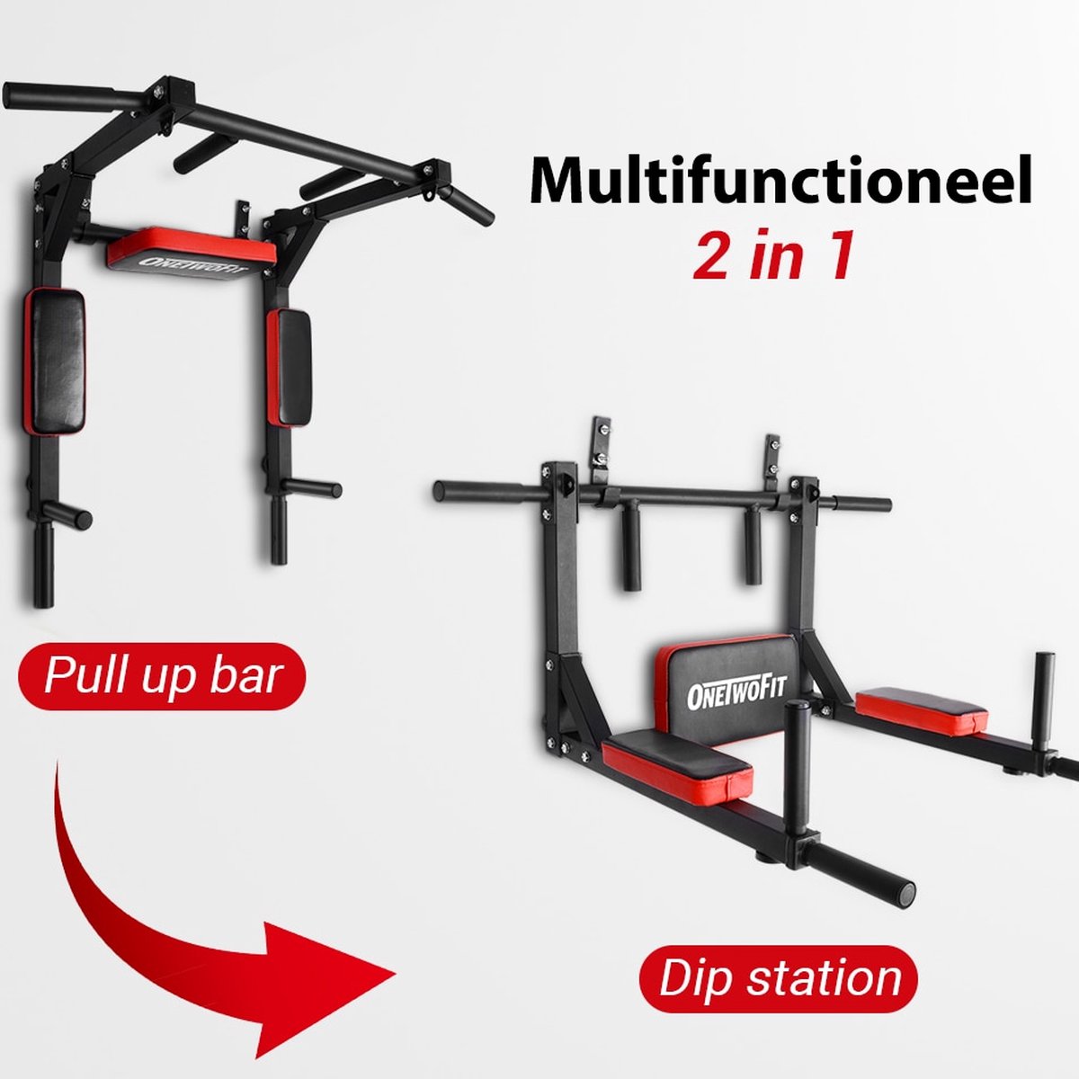 OneTwoFit Multifunctionele Optrekstang - Pull Up Bar - Box Bal - Krachtstation - Dip station - Muur Montage- Dip Bars - Staal - Tot 200kg