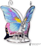 Vlinder Theelichthouder Tyffany, Lichtblauw, Geel, Roze, 12 cm hoog, Butterfly tealightholder, inclusief 6 waxinelichtjes.