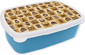 Broodtrommel Blauw - Lunchbox - Brooddoos - Keuken - Koken - Vintage - Patronen - 18x12x6 cm - Kinderen - Jongen