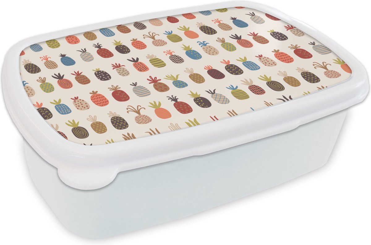 Broodtrommel Wit - Lunchbox - Brooddoos - Ananas - Regenboog - Retro - Fruit - 18x12x6 cm - Volwassenen