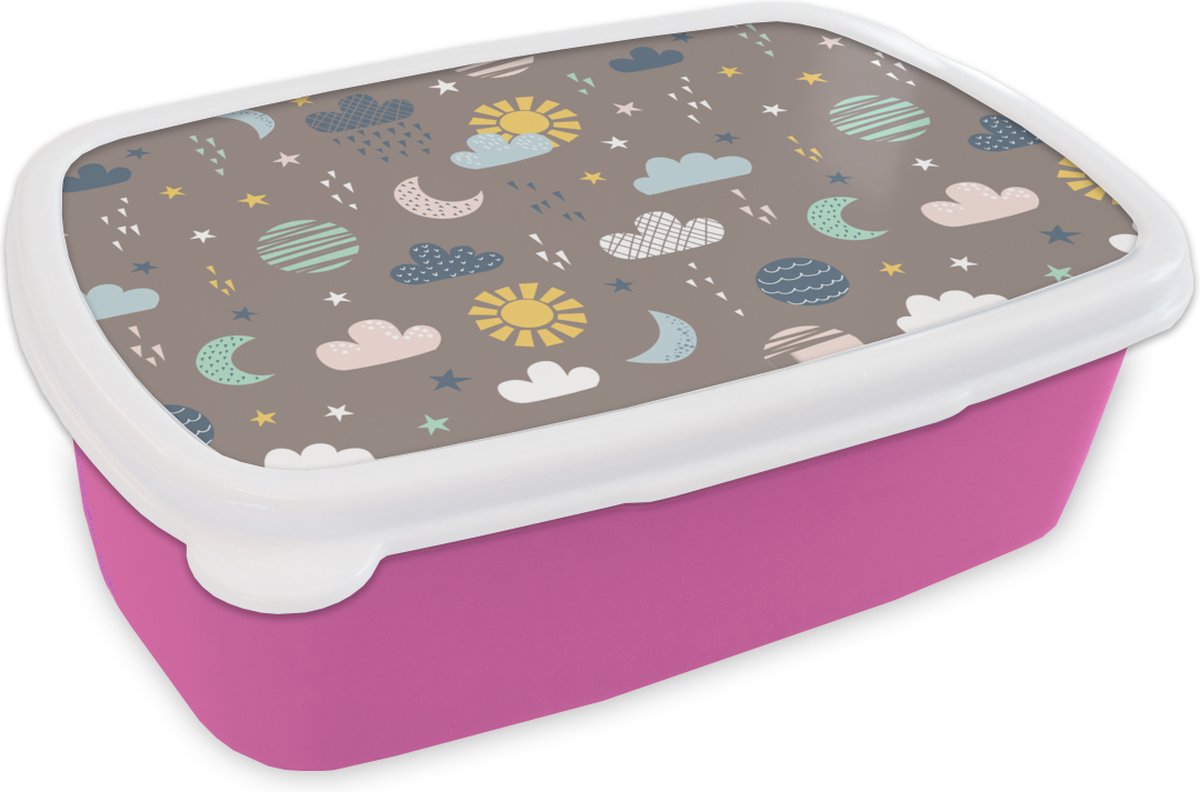 Broodtrommel Roze - Lunchbox - Brooddoos - Wolken - Zon - Design - 18x12x6 cm - Kinderen - Meisje