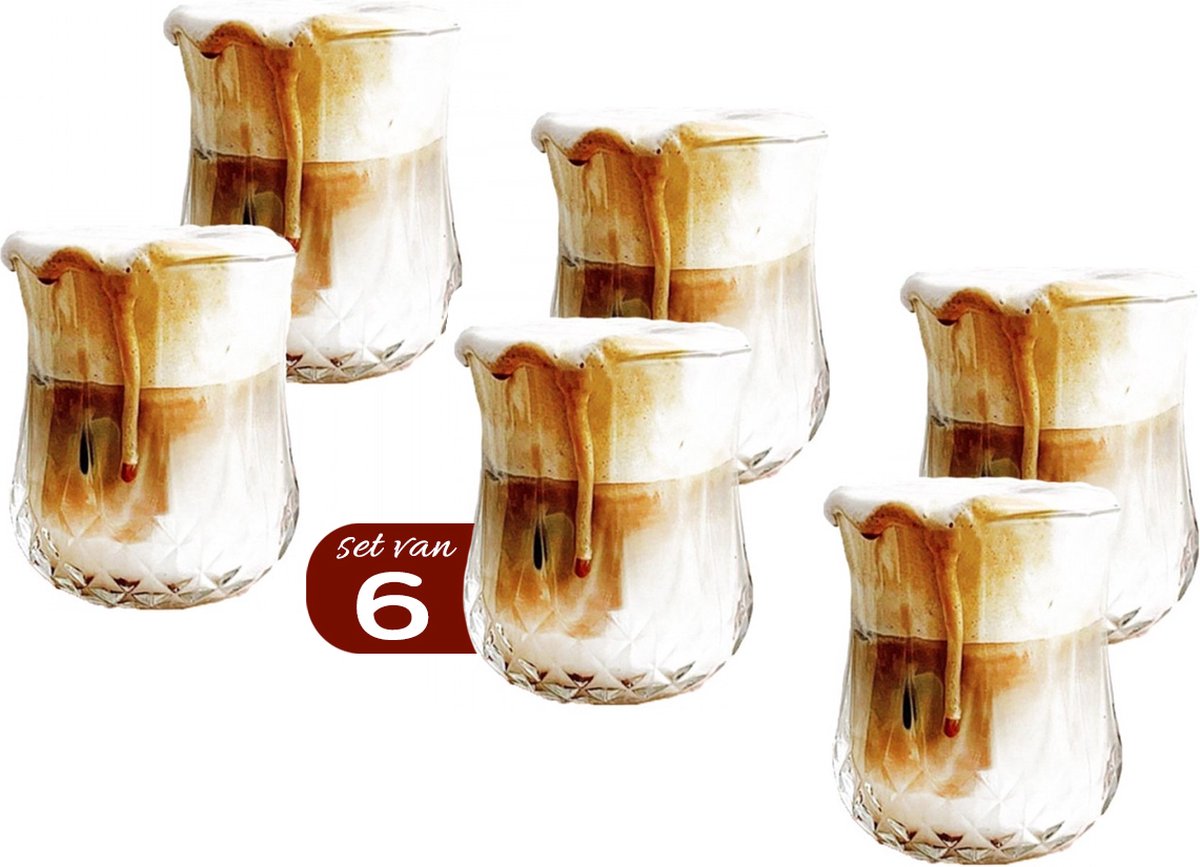 Latte Macchiato Set - Premium Glazen Set van 6 stuks - Whiskey glazen - Whisky set - Geschikt voor Latte, Macchiato, Desserts en Koffie