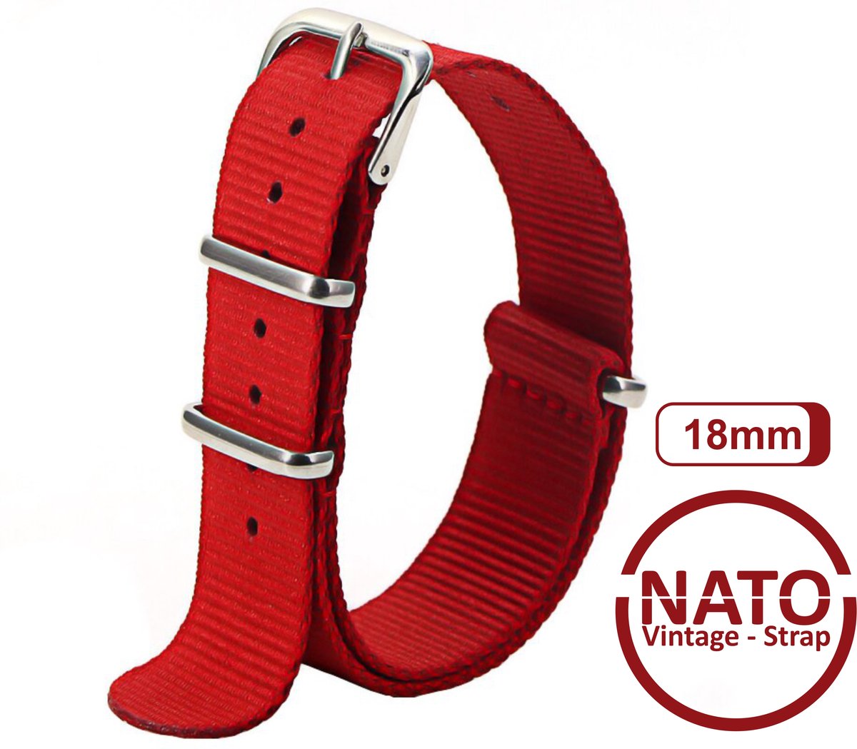 18mm Premium Nato Strap Rood - Vintage James Bond - Nato Strap collectie - Mannen - Horlogeband - 18 mm bandbreedte voor oa. Seiko Rolex Omega Casio en Citizen