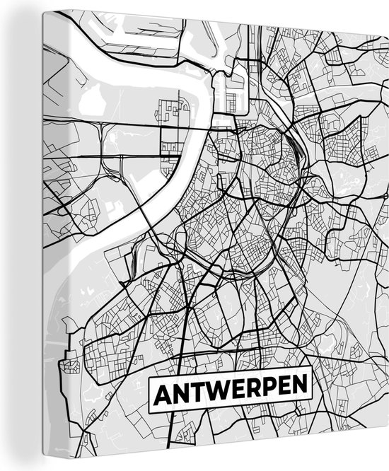 Canvas Schilderij België - Antwerpen - Stadskaart - Kaart - Zwart Wit - Plattegrond - Wanddecoratie