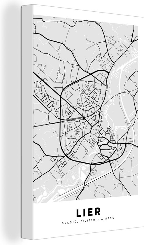 Toile Peinture Plan de Ville – Carte – België – Zwart Wit – Lierre – Carte - 20x30 cm - Décoration murale