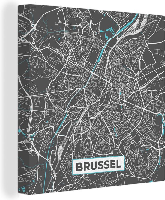 Canvas Schilderij Plattegrond – Brussel – Blauw – Stadskaart - Kaart - 50x50 cm - Wanddecoratie