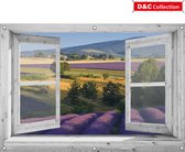 D&C Collection - tuinposter - 130x95 cm - doorkijk - Wit venster - Uitzicht lavendel veld mediterraans - tuindoek - tuin decoratie - tuinposters buiten - schuttingposter