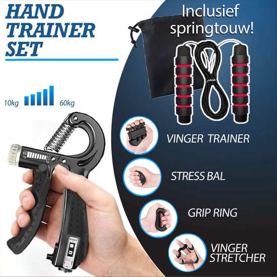 Handtrainer - 5 delige set - 10 tot 60 kg - Stress Bal - Gratis Springtouw  - Hand Grip... | bol