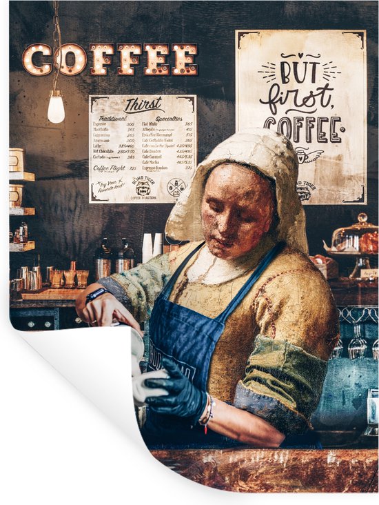 Muurstickers - Sticker Folie - Cappuccino - Vermeer - Melkmeisje - Barista - Koffie - Vintage - 90x120 cm - Plakfolie - Muurstickers Kinderkamer - Zelfklevend Behang - Zelfklevend behangpapier - Stickerfolie