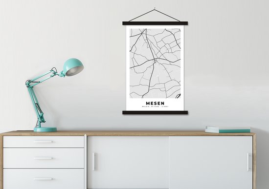 Porte-affiche avec affiche - Affiche scolaire - België - Messines - Plan de la ville - Carte - Zwart Wit - Plan d'étage - 60x90 cm - Lattes noires