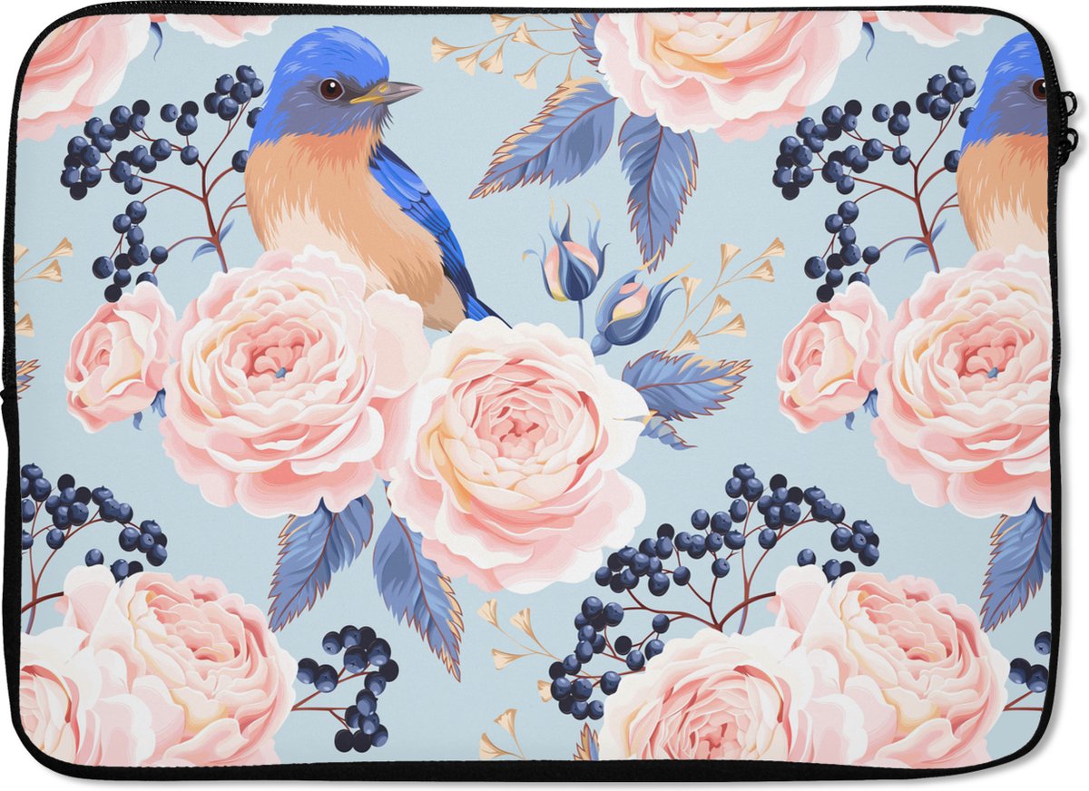 Laptophoes 14 inch - Patronen - Roos - Vogel - Blauw - Laptop sleeve - Binnenmaat 33x23 cm - Zwarte achterkant