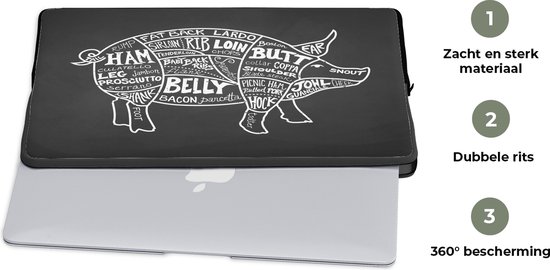 Housse ordinateur portable 15,6 pouces - Cochon - Cuisine - Viande - Housse ordinateur portable - Dimensions intérieures 39,5x29,5 cm - Dos noir - Cadeau pour femme